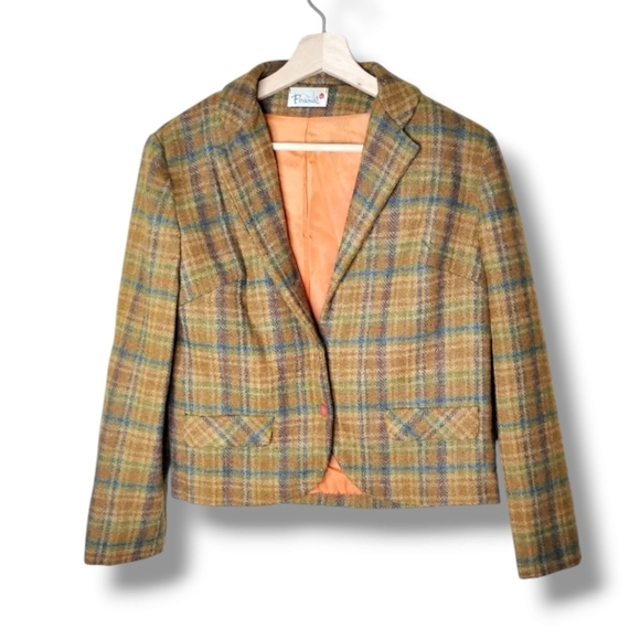 Vintage 70s Cropped Plaid Blazer by Personal Size 8-10 ILGWU Union Wool Academia - Picture 1 of 10